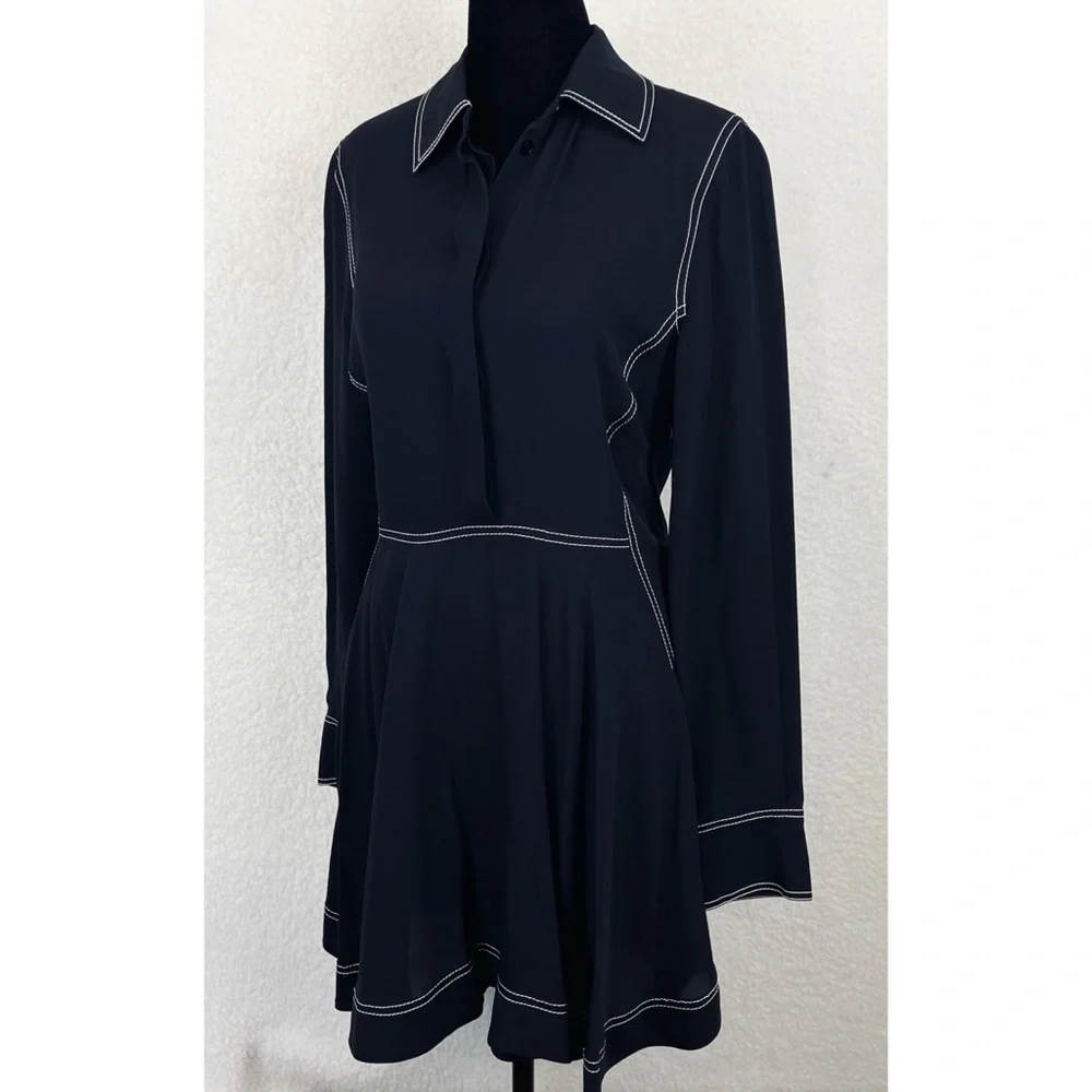 STELLA MCCARTNEY • 100% Silk Navy Contrast-Stitch Collared Mini Dress, S - Picture 1 of 16